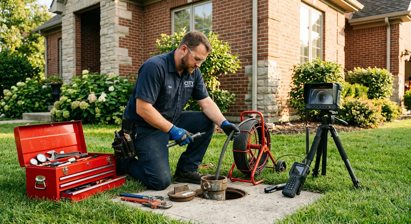 Sewer specialist with camera equipment servicing a cleanout in King