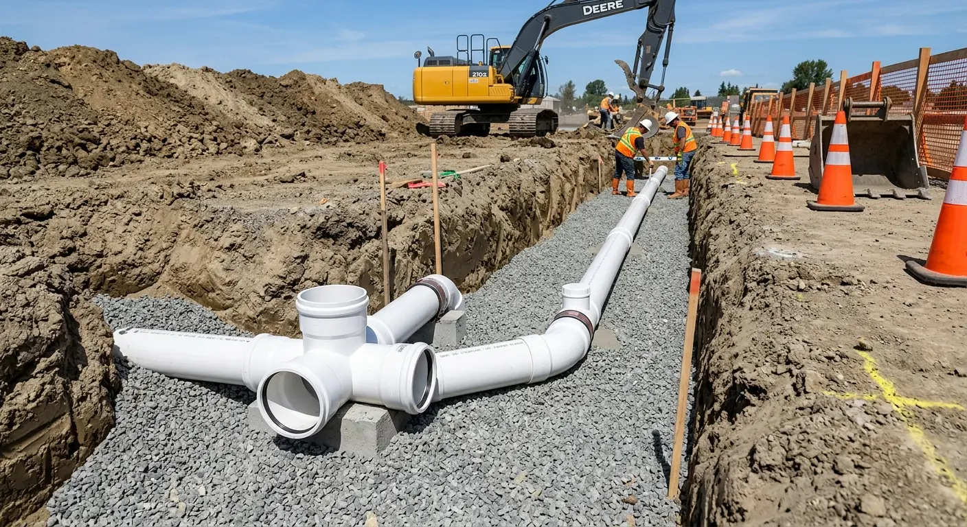 New PVC sewer pipe installation in open trench for Sewer Backup in King