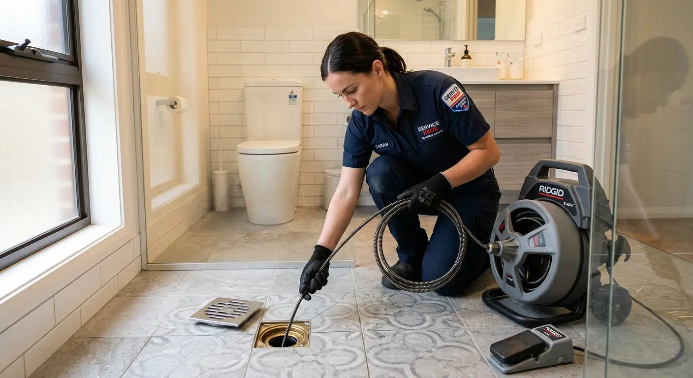 Technician clearing a bathroom floor drain for Drain Cleaning in King